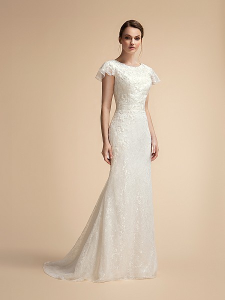 Elegant Temple Ready Lace Mermaid Wedding Dress with Ruffle Short Sleeves and High Neckline Moonlight M2026