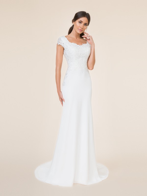 Ivory mermaid modest wedding dress with sweeetheart neckline, cap sleeves, and lace bodice Ivory mermaid modest wedding dress with sweeetheart neckline, cap sleeves, and lace bodice