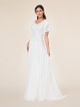 Chiffon A-line modest wedding dress with wide v-neck and flutter sleeves with beaded sash