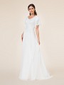 Chiffon A-line modest wedding dress with wide v-neck and flutter sleeves with beaded sash Chiffon A-line modest wedding dress with wide v-neck and flutter sleeves with beaded sash