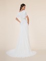 Chiffon Modest A-line wedding dress with bateau back lace appliques with buttons along zipper and cocktail train