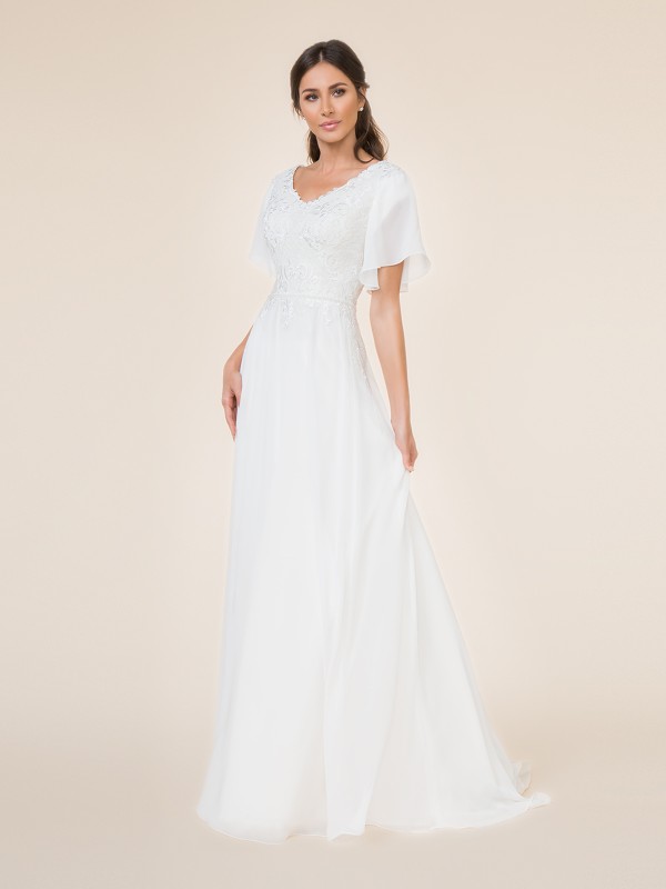Chiffon A-line modest wedding dress with wide v-neck and flutter sleeves with beaded sash Chiffon A-line modest wedding dress with wide v-neck and flutter sleeves with beaded sash