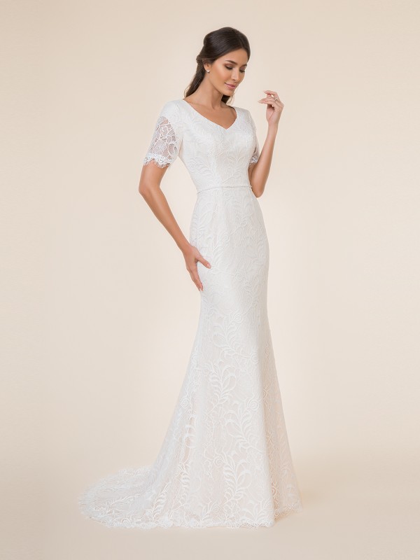 Modest mermaid wedding dress with wide v-neck, embroidered lace fabric, beaded band at waist and sweep train Modest mermaid wedding dress with wide v-neck, embroidered lace fabric, beaded band at waist and sweep train