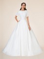 Modest ball gown with bateau neckline and short sleeves with pockets at side seam