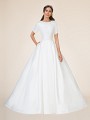 Modest ball gown with bateau neckline and short sleeves with pockets at side seam Modest ball gown with bateau neckline and short sleeves with pockets at side seam