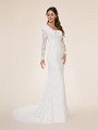 Lace long sleeved fit and flare modest wedding dress with scoop neckline and buttons at wrist Lace long sleeved fit and flare modest wedding dress with scoop neckline and buttons at wrist
