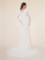 Modest wedding dress with lace appliques, buttons with loops along zipper and see-through chapel train