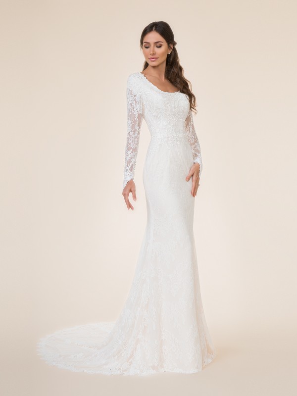 Lace long sleeved fit and flare modest wedding dress with scoop neckline and buttons at wrist