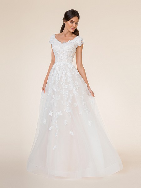 Full A-line tulle modest wedding dress with wide v-neck neckline and lace cap sleeves, sequins Full A-line tulle modest wedding dress with wide v-neck neckline and lace cap sleeves, sequins