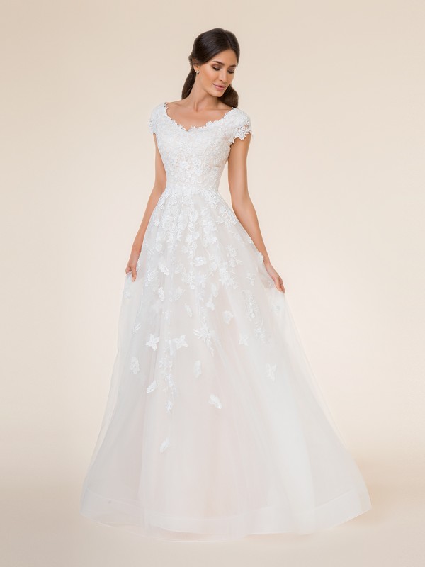 Full A-line tulle modest wedding dress with wide v-neck neckline and lace cap sleeves, sequins Full A-line tulle modest wedding dress with wide v-neck neckline and lace cap sleeves, sequins