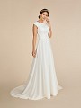 Ivory temple ready crepe A-line modest wedding dress with bateau neckline with cap sleeves