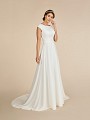 Ivory temple ready crepe A-line modest wedding dress with bateau neckline with cap sleeves Ivory temple ready crepe A-line modest wedding dress with bateau neckline with cap sleeves