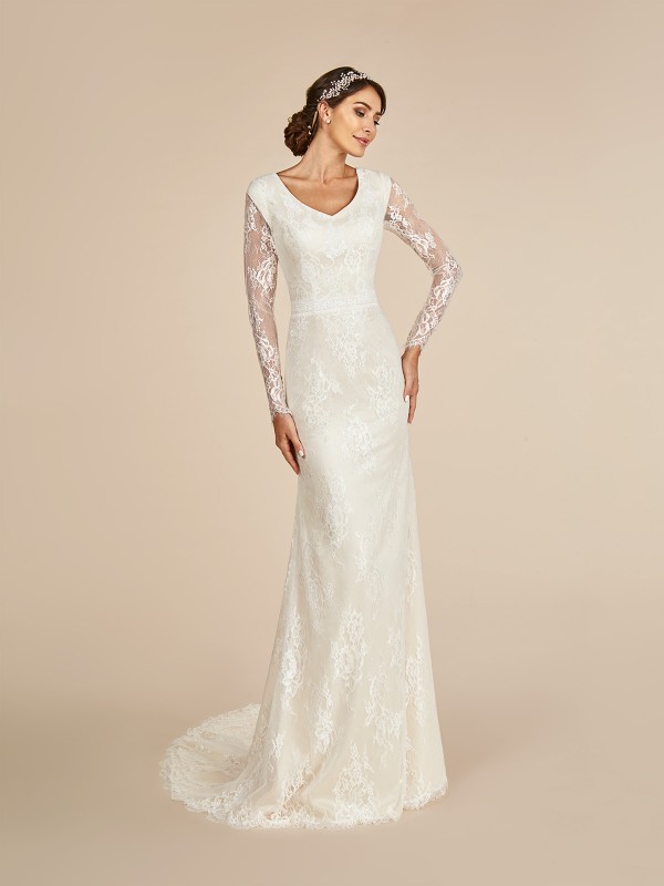 Beautiful Illusion lace long sleeved temple ready wedding dress with lined cap and wide V-neckline