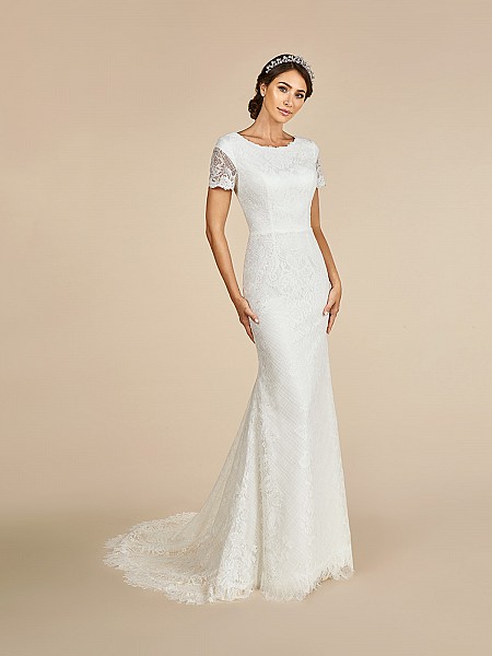 Beautiful lace illusion short sleeve temple ready wedding dress with lined cap sleeve Beautiful lace illusion short sleeve temple ready wedding dress with lined cap sleeve