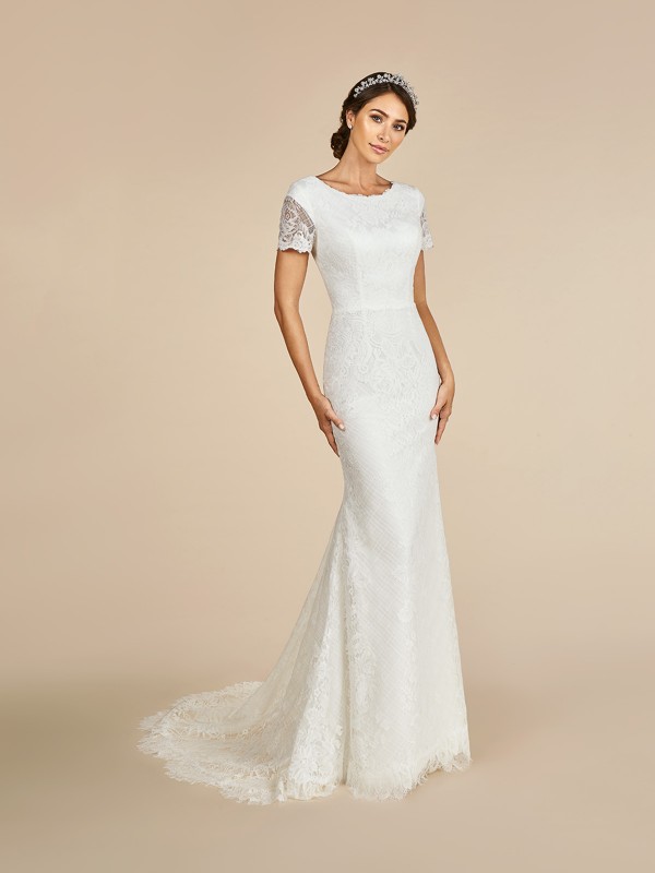 Beautiful lace illusion short sleeve temple ready wedding dress with lined cap sleeve Beautiful lace illusion short sleeve temple ready wedding dress with lined cap sleeve