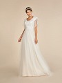 Modest A-line soft tulle wedding dress with cascade short sleeves and lace bodice