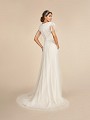 Modest temple ready A-line wedding dress with bateau back, buttons along back, and sweep train