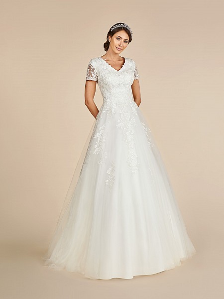 Royal a-line temple ready wedding dress with wide v-neck and lace short sleeves Royal a-line temple ready wedding dress with wide v-neck and lace short sleeves