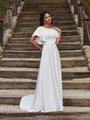 Moonlight Modest M5032 Modest A-Line Crepe Wedding Gown With Elbow Length Flutter Sleeves, Bateau Neckline, and Beaded Sash Moonlight Modest M5032 Modest A-Line Crepe Wedding Gown With Elbow Length Flutter Sleeves, Bateau Neckline, and Beaded Sash