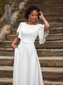 Moonlight Modest M5032 Modern Modest Elbow Length Flutter Sleeve Bateau Bridal Gown With Beaded Sash And Pockets Moonlight Modest M5032 Modern Modest Elbow Length Flutter Sleeve Bateau Bridal Gown With Beaded Sash And Pockets