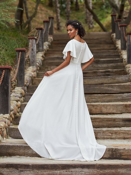 Moonlight Modest M5032 Temple Ready Bateau Bridal Gown Back With Buttons Along Zipper To End of Sweep Train Moonlight Modest M5032 Temple Ready Bateau Bridal Gown Back With Buttons Along Zipper To End of Sweep Train