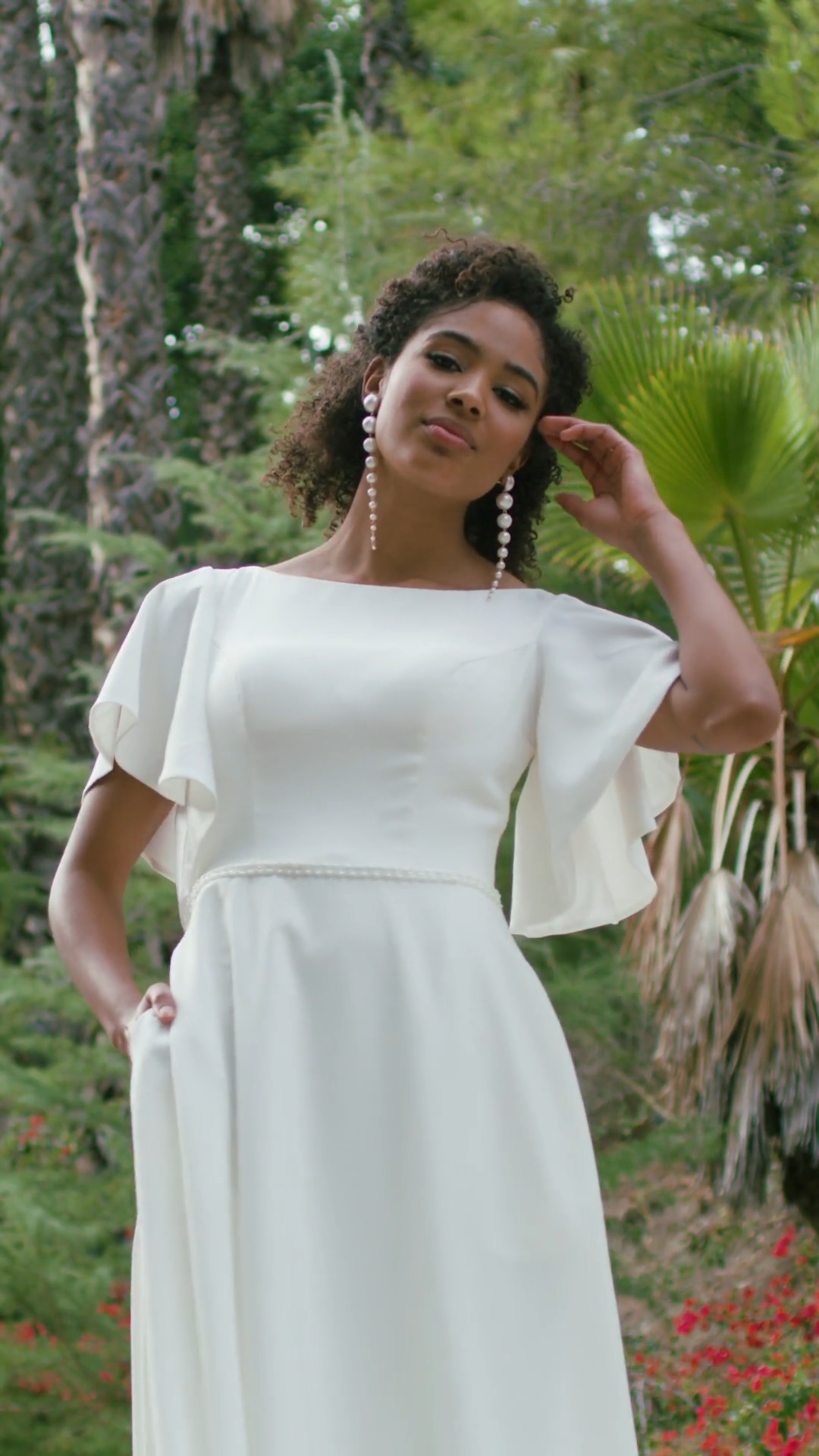 Moonlight Modest M5032 Simple Crepe A-Line Wedding Dress with Elbow Length Flutter Sleeves , Pockets and Beaded Waist Sash Moonlight Modest M5032 Simple Crepe A-Line Wedding Dress with Elbow Length Flutter Sleeves , Pockets and Beaded Waist Sash
