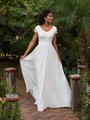 Moonlight Modest M5033 Wide V-Neckline Venise Lace Bodice and Chiffon A-Line Modest Wedding Dress With Lined Short Sleeves