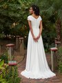 Moonlight Modest M5033 Temple Ready Geometric Lace V-Back Wedding Gown with Buttons Along Zipper And Chiffon Sweep Train