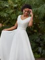 Moonlight Modest M5033 Geometric Boho Wide V-Neck Modest Bridal Gown With Lined Short Sleeves And Lace Waist Sash Moonlight Modest M5033 Geometric Boho Wide V-Neck Modest Bridal Gown With Lined Short Sleeves And Lace Waist Sash