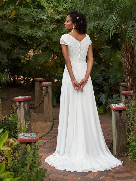Moonlight Modest M5033 Temple Ready Geometric Lace V-Back Wedding Gown with Buttons Along Zipper And Chiffon Sweep Train Moonlight Modest M5033 Temple Ready Geometric Lace V-Back Wedding Gown with Buttons Along Zipper And Chiffon Sweep Train