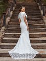 Moonlight Modest M5035 Temple Ready Illusion Bateau Back Bridal Gown With Buttons Along Zipper And See-Through Lace Train