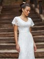 Moonlight Modest M5035 Modest Lace Fabric Wide V-Neck Bridal Gown With Short Ruffle Sleeves and Sparkly Beaded Waist Sash Moonlight Modest M5035 Modest Lace Fabric Wide V-Neck Bridal Gown With Short Ruffle Sleeves and Sparkly Beaded Waist Sash