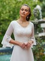 Moonlight Modest M5037 Temple Ready Foliage Lace Wide V-Neck Bridal Gown and Cap Lined 3/4 Bell Sleeves with Beaded Bands
