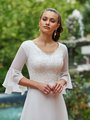 Moonlight Modest M5037 Temple Ready Foliage Lace Wide V-Neck Bridal Gown and Cap Lined 3/4 Bell Sleeves with Beaded Bands Moonlight Modest M5037 Temple Ready Foliage Lace Wide V-Neck Bridal Gown and Cap Lined 3/4 Bell Sleeves with Beaded Bands