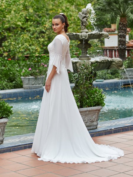 M5033 Short Sleeve Chiffon and Lace Bodice A-Line Modest Bridal Gown