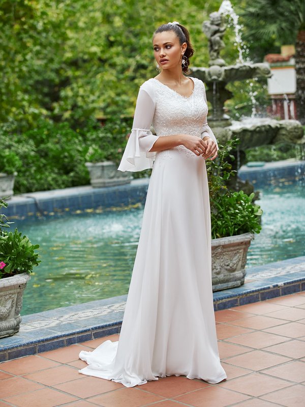 Moonlight Modest M5037 Boho Drop Waist Chiffon A-Line Modest Wedding Gown With Foliage Lace Bodice And 3/4 Bell Sleeves