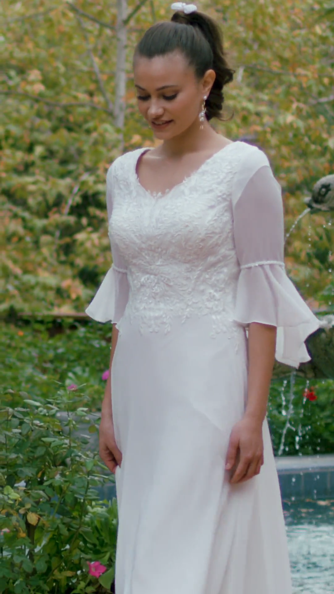 Moonlight Modest M5037 Graceful Temple Ready Lace Bodice Chiffon A-Line Wedding Dress With Lined 3/4 Bell Sleeves Moonlight Modest M5037 Graceful Temple Ready Lace Bodice Chiffon A-Line Wedding Dress With Lined 3/4 Bell Sleeves