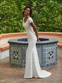 Moonlight Modest M5038 Elegant Drop Waist Crepe Mermaid Wedding Gown With Lined Lace Short Sleeves And Wide V-Neckline