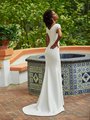 Moonlight Modest M5038 Temple Ready Wide V-Back Bridal Gown With Ornate Lace Lined Short Sleeves And Crepe Sweep Train