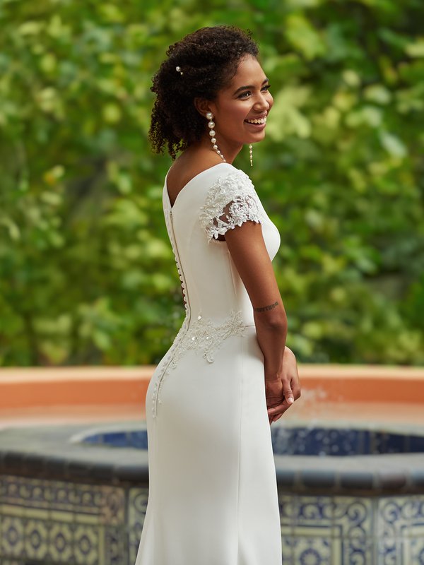 Moonlight Modest M5038 Wide V-Back Modest Wedding Dress With Covered Buttons Along Zipper And Ornate Beaded Lace Appliques At Waist