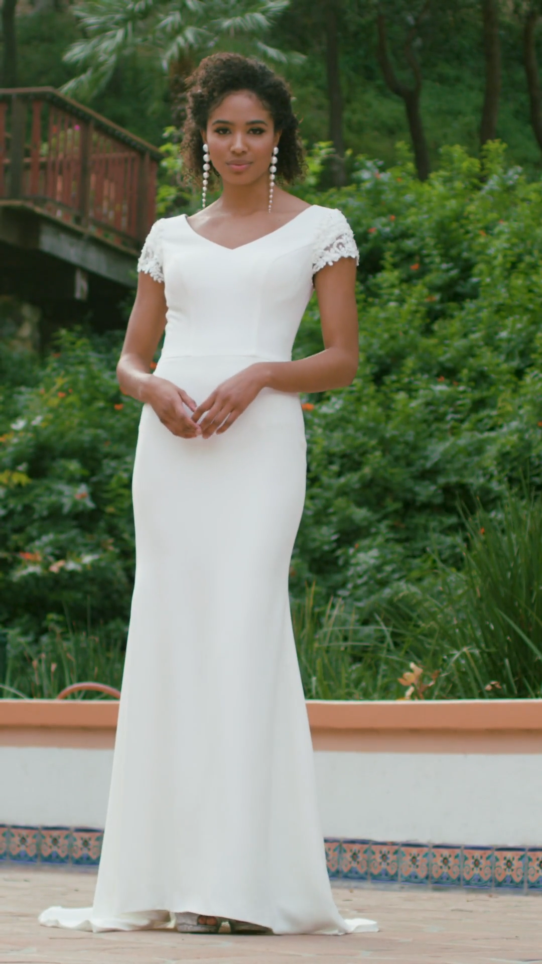 Moonlight Modest M5038 Romantic Crepe Modest Mermaid Bridal Gown With Beaded Lace Appliques And Lined Lace Short Sleeves Moonlight Modest M5038 Romantic Crepe Modest Mermaid Bridal Gown With Beaded Lace Appliques And Lined Lace Short Sleeves