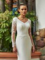 Moonlight Modest M5039 Fitted Temple Ready Wedding Gown With Ornate Lace at Waist And Cap Lined Illusion Long Sleeves
