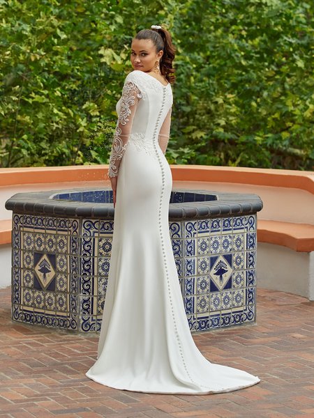 Moonlight Modest M5039 Modest Wide V-Back Crepe Bridal Gown With Lace at Waist And Buttons Along Zipper Through Sweep Train