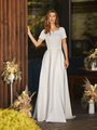 Crepe A-line Modest Square Neck Wedding Dress With Short Sleeves Style M5041 Crepe A-line Modest Square Neck Wedding Dress With Short Sleeves Style M5041