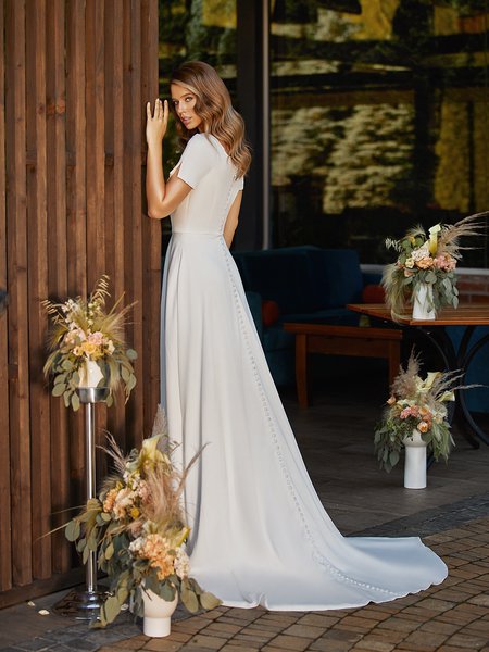 Square Back Crepe Wedding Dress With Buttons To End of Sweep Train Style M5041