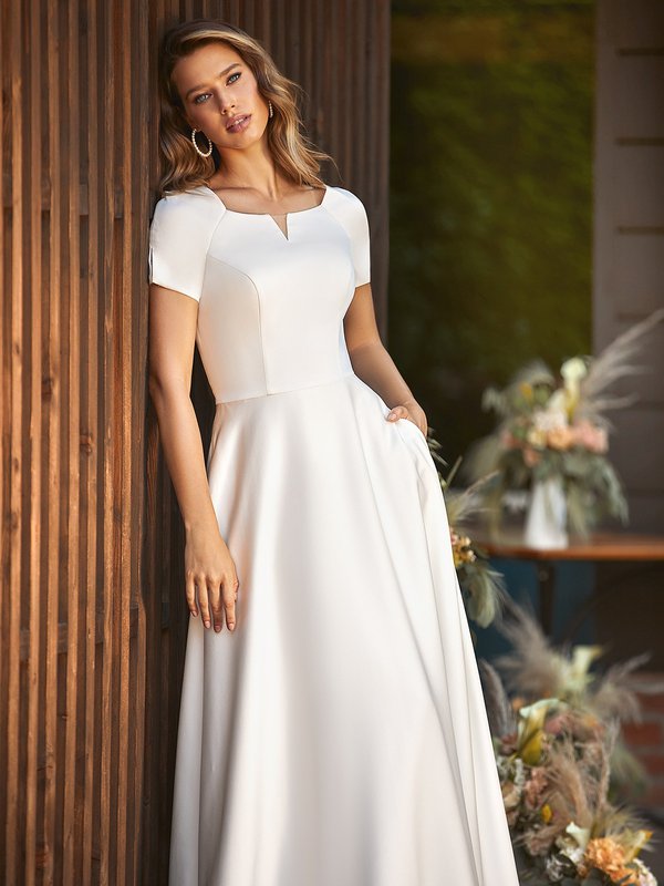Modest Square Neckline Crepe Wedding With Illusion Inset, Short Sleeves, and Pockets Style M5041