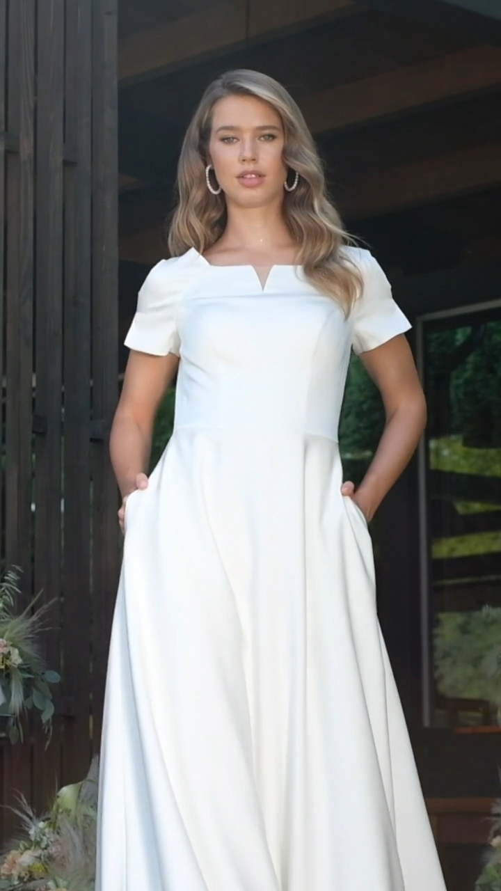 Modest Square Neck Crepe A line Wedding Dress With Pockets Style M5041