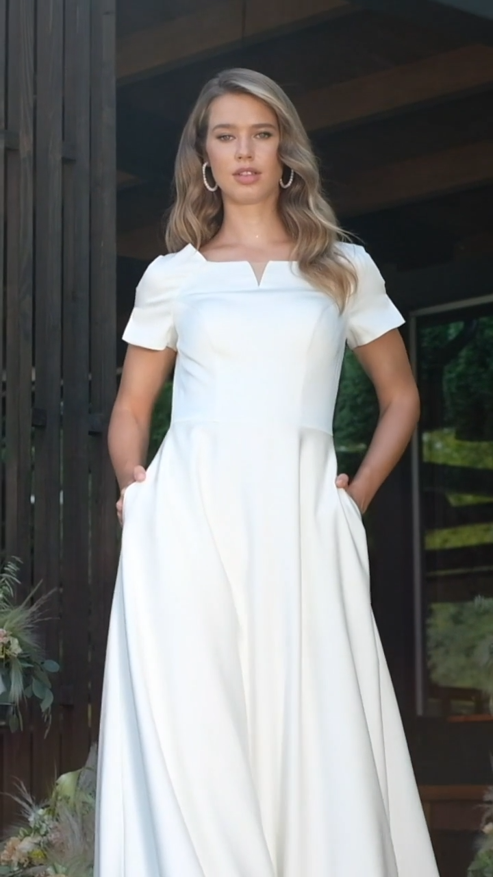 Modest Square Neck Crepe A line Wedding Dress With Pockets Style M5041 Modest Square Neck Crepe A line Wedding Dress With Pockets Style M5041