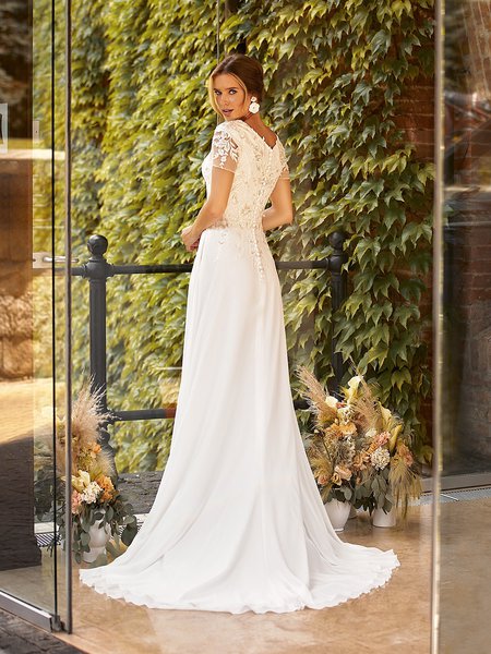 Modest V-Back Wedding Dress With Floral Lace and Buttons Along Zipper Style M5042