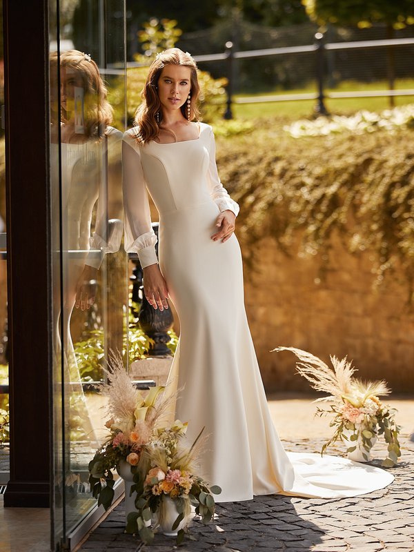 Modest Square Neck Crepe Mermaid Wedding Dress With Long Chiffon Bishop Sleeves Style M5043
